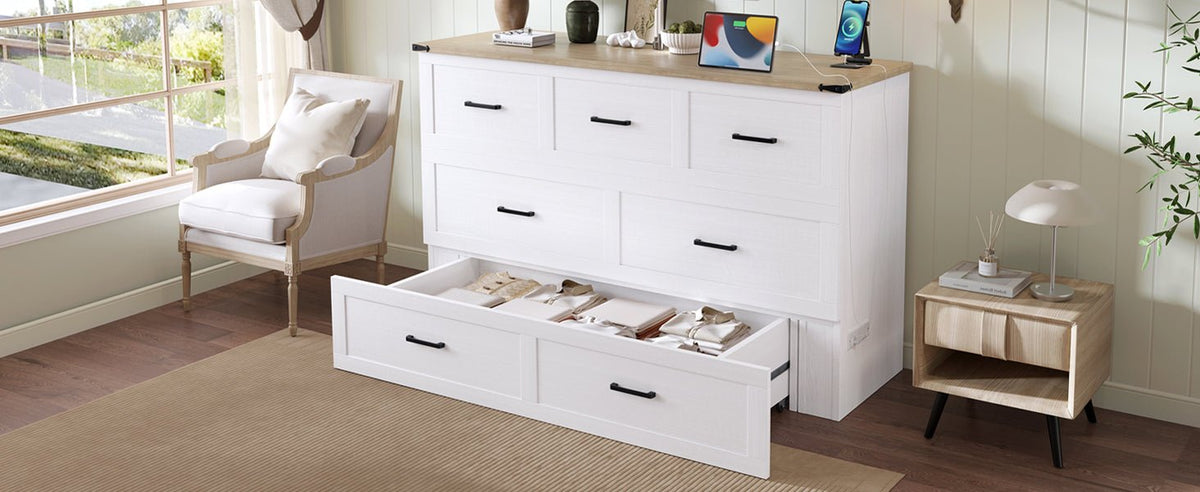 White finish Murphy bed cabinet for queen size beds from the Elite Collection by Anthony & Home, with a sleek, modern design.