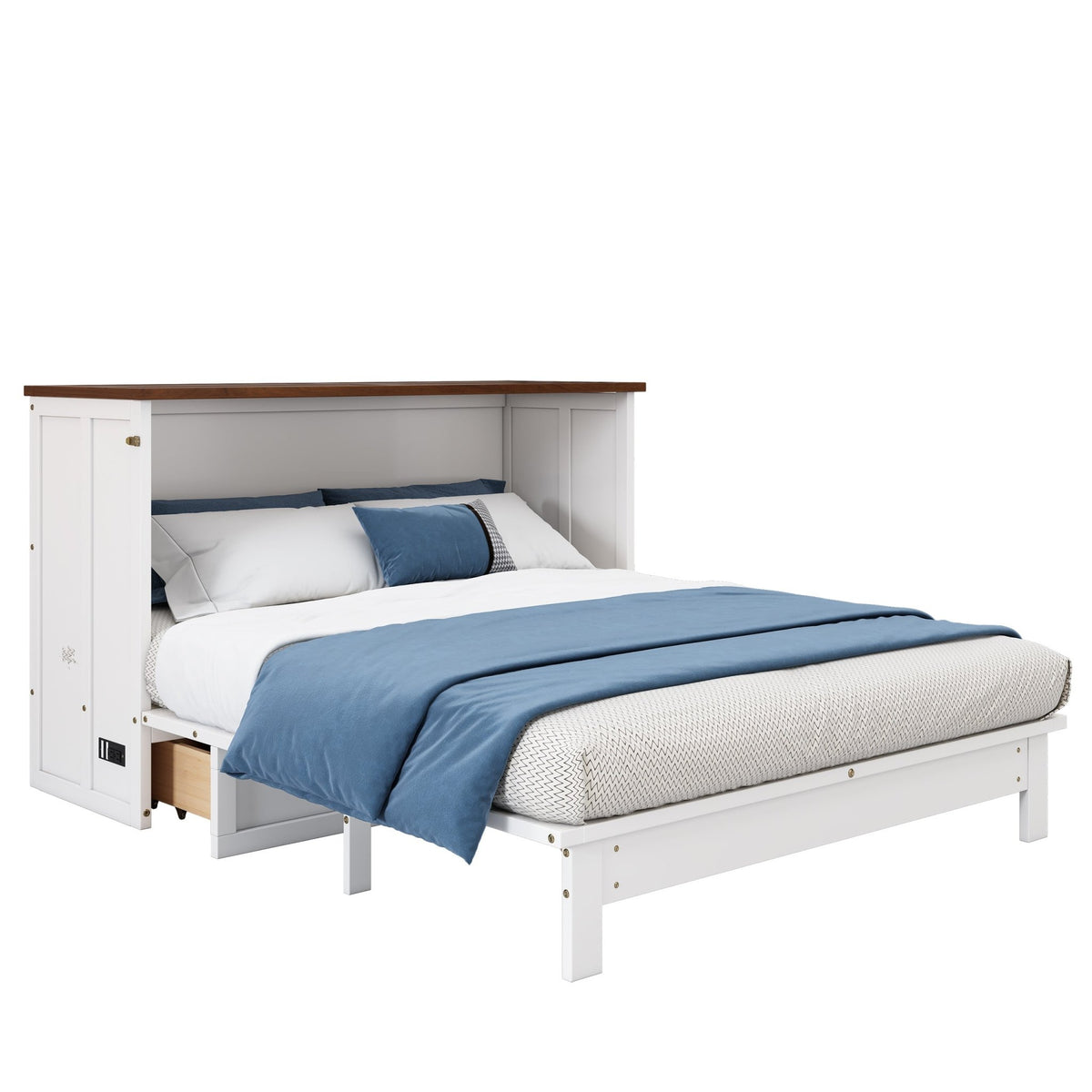 Queen Murphy bed chest by Anthony & Home with solid pine finish and built-in charging station, showcasing a modern space-saving design.