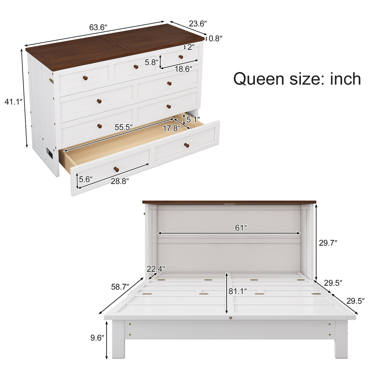 Queen Murphy bed chest by Anthony & Home with solid pine finish and built-in charging station, showcasing the space-saving furniture piece.