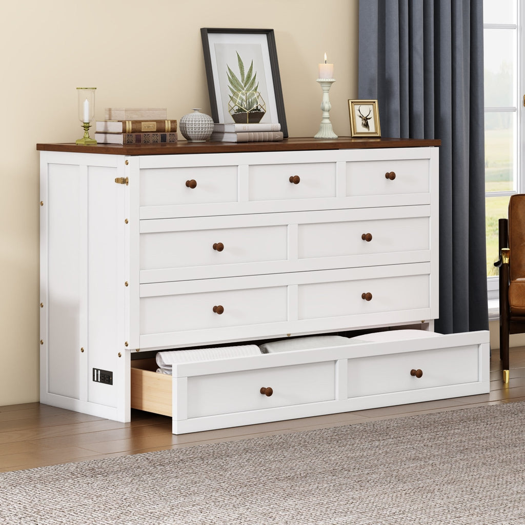 Anthony & Home Murphy Bed Chest Queen with solid pine finish and built-in charging station, showcasing a versatile space-saving furniture piece.