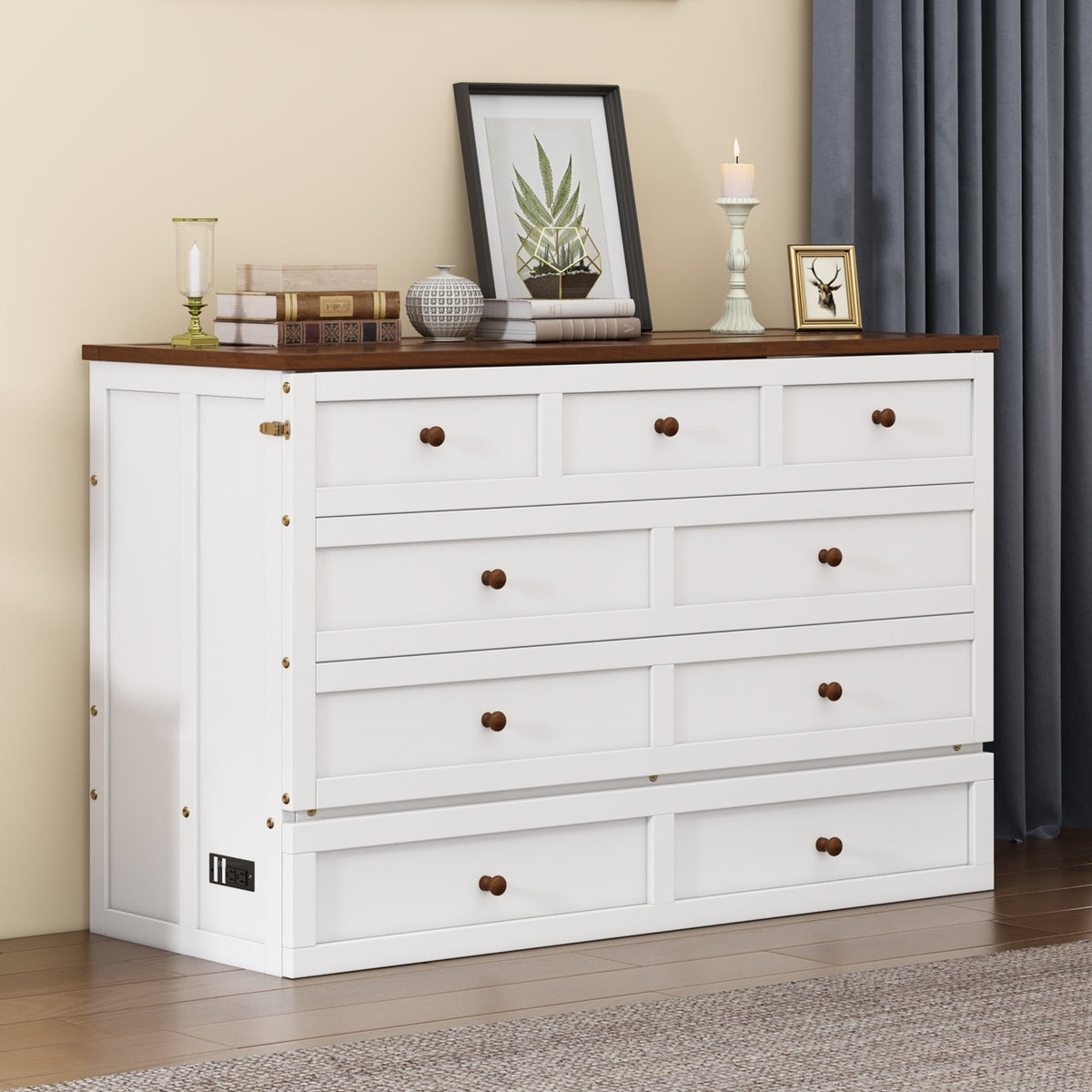 Queen Murphy bed chest by Anthony & Home with solid pine finish and built-in charging station, showcasing a compact, functional furniture piece.