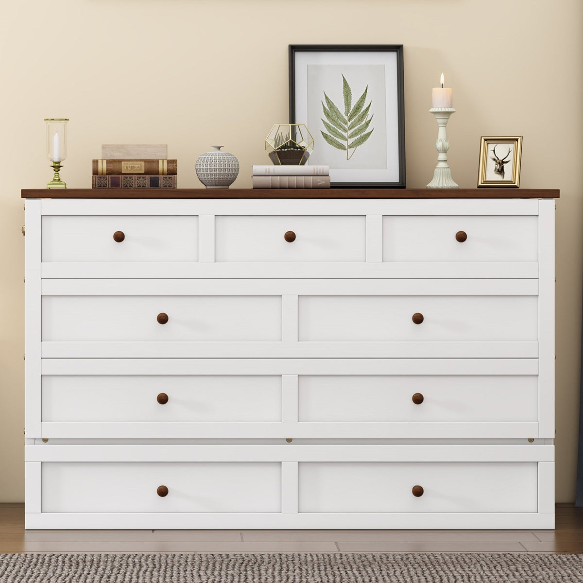 Queen Murphy bed chest by Anthony & Home with solid pine finish and built-in charging station, featuring a stylish and functional design.