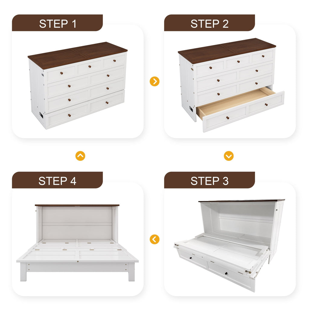 Queen Murphy bed chest by Anthony & Home with solid pine finish and integrated charging station, shown in a modern bedroom setting.