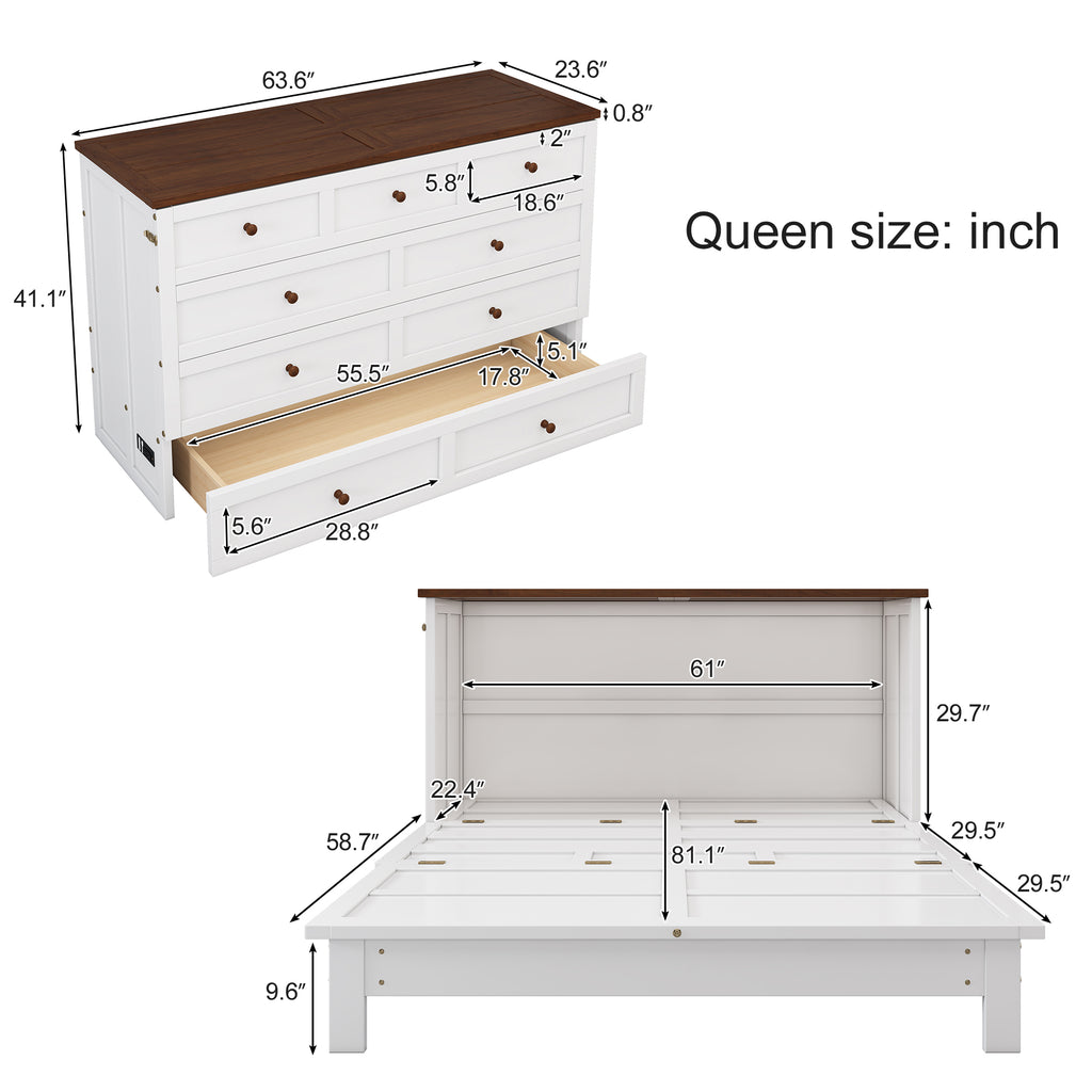 Queen Murphy bed chest by Anthony & Home with solid pine finish and built-in charging station, featuring a sleek, space-saving design.