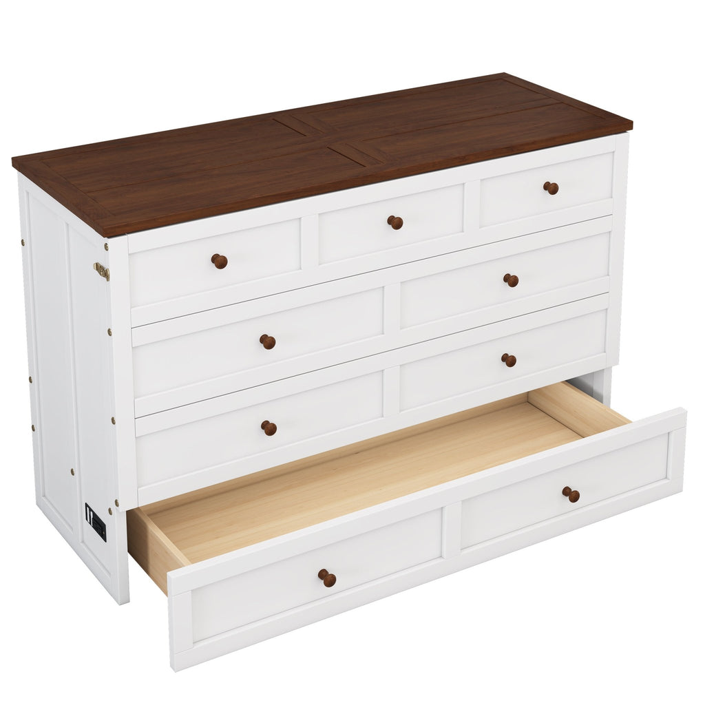 Queen Murphy bed chest by Anthony & Home with solid pine finish and built-in charging station, showcasing the furniture's front view.