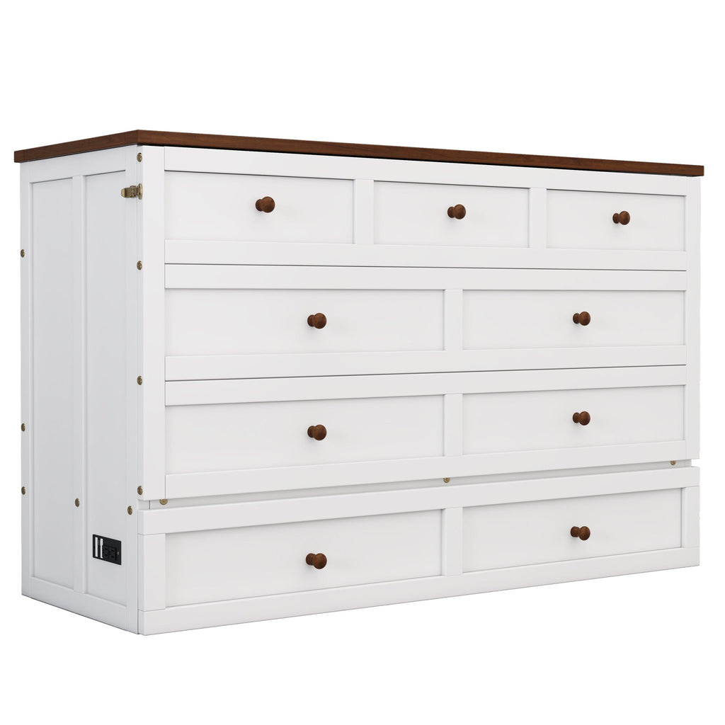 Queen Murphy bed chest by Anthony & Home with solid pine finish and built-in charging station, featuring a stylish, space-saving design.