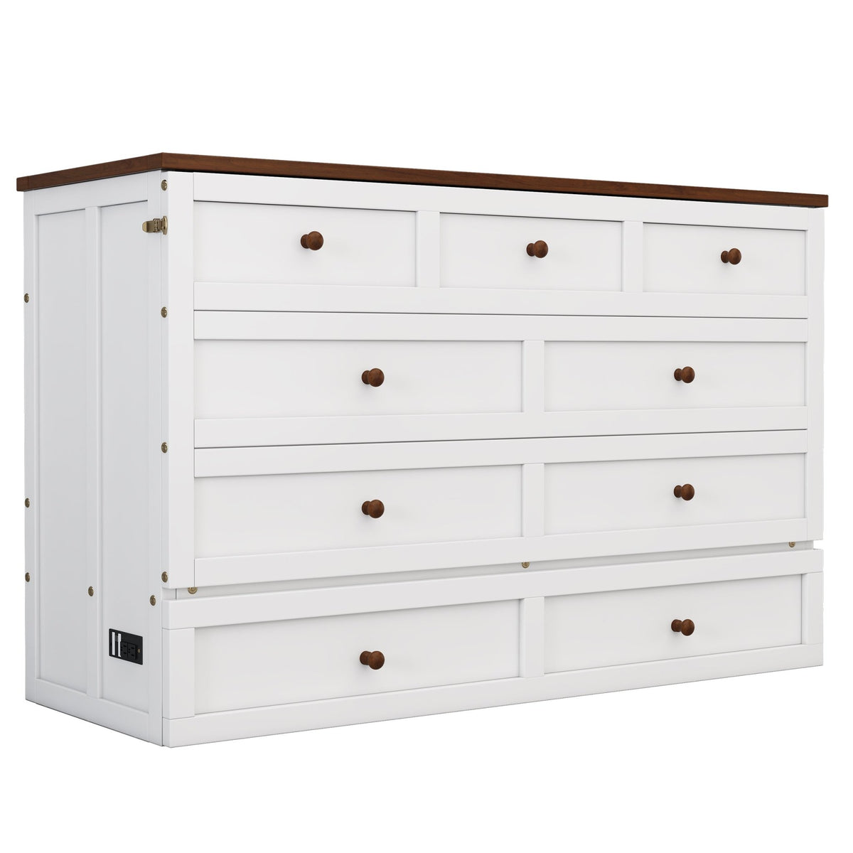 Queen Murphy bed chest by Anthony & Home with solid pine finish and built-in charging station, featuring a stylish, space-saving design.