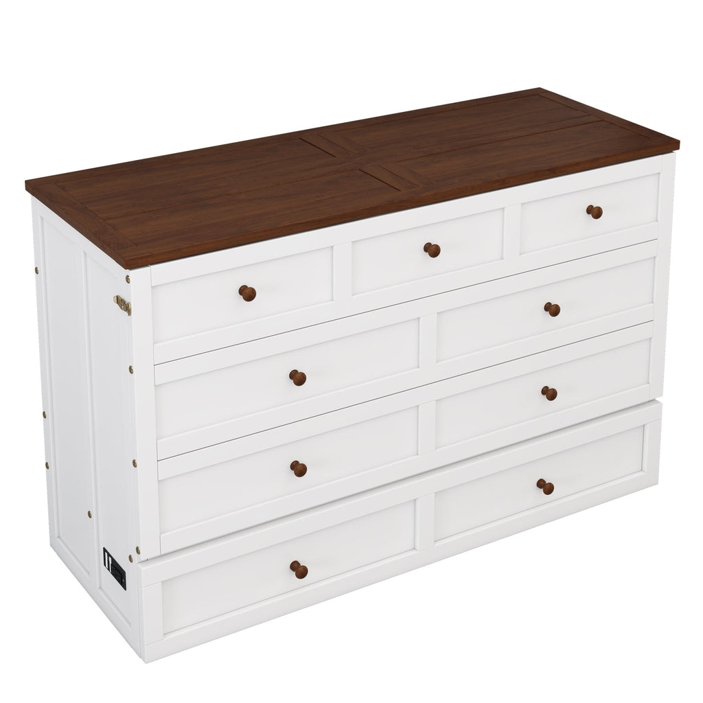 Queen Murphy bed chest by Anthony & Home with solid pine finish and built-in charging station, showcasing the furniture's elegant design.