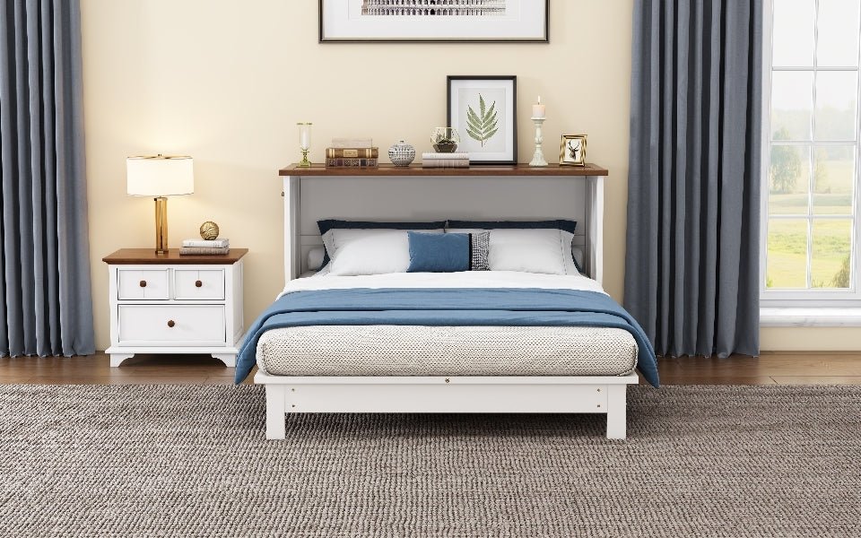 Queen Murphy bed chest by Anthony & Home with solid pine finish and built-in charging station, showcasing a versatile space-saving design.