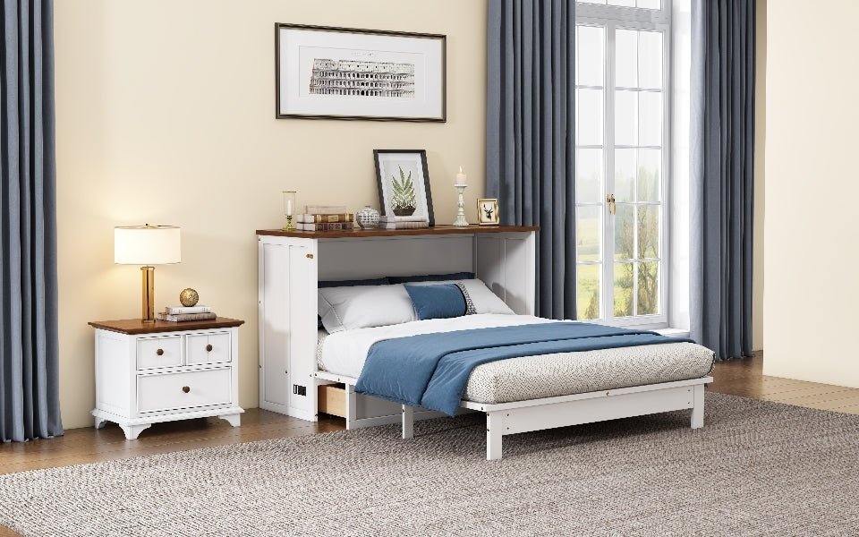 Queen Murphy bed chest by Anthony & Home with solid pine finish and built-in charging station, showcasing its sleek, functional design.