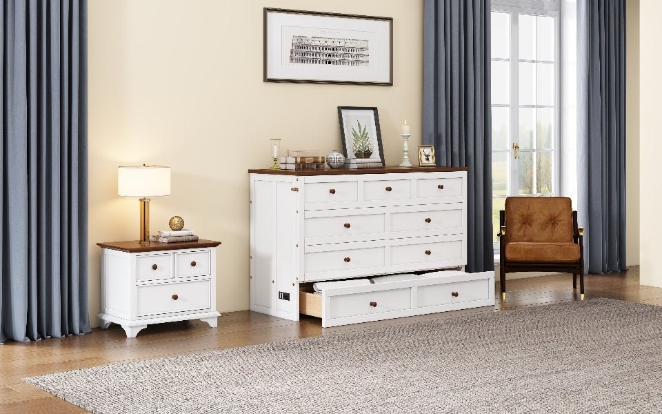 Queen Murphy bed chest by Anthony & Home with solid pine finish and built-in charging station, featuring a compact, space-saving design.
