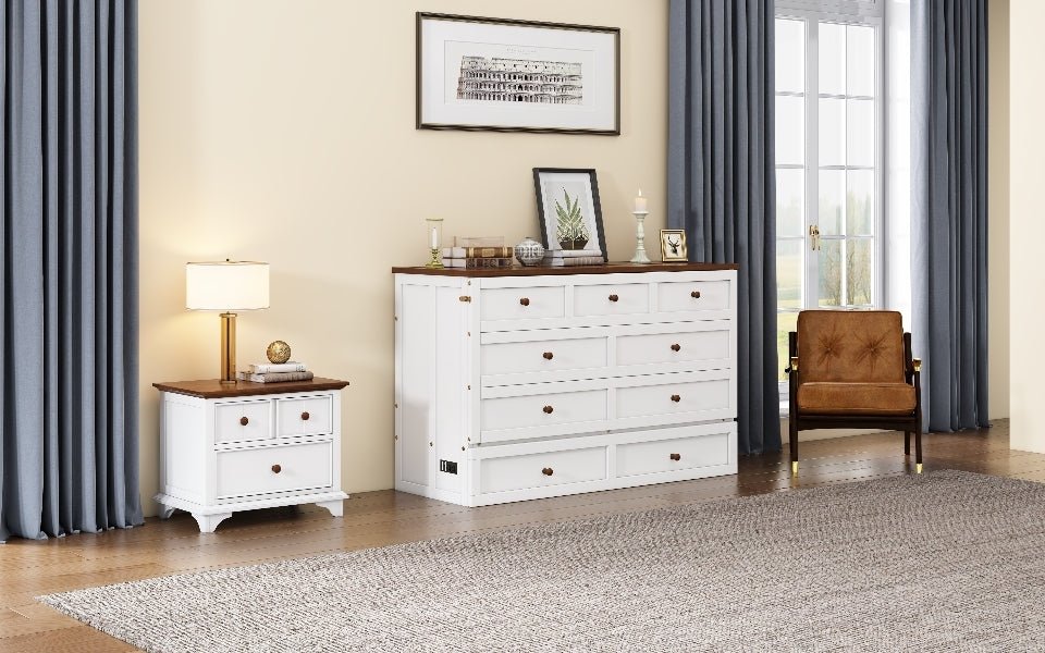 Queen Murphy bed chest by Anthony & Home with solid pine finish and built-in charging station, featuring a sleek, space-saving design.