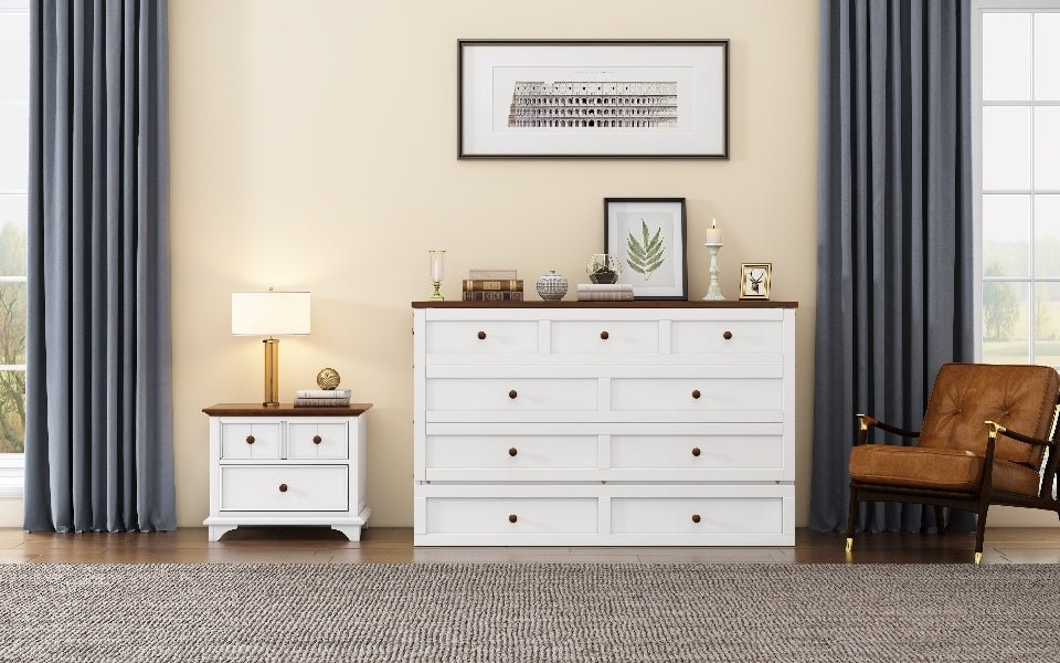 Queen Murphy bed chest by Anthony & Home with solid pine finish and built-in charging station, showcasing its compact, functional design.