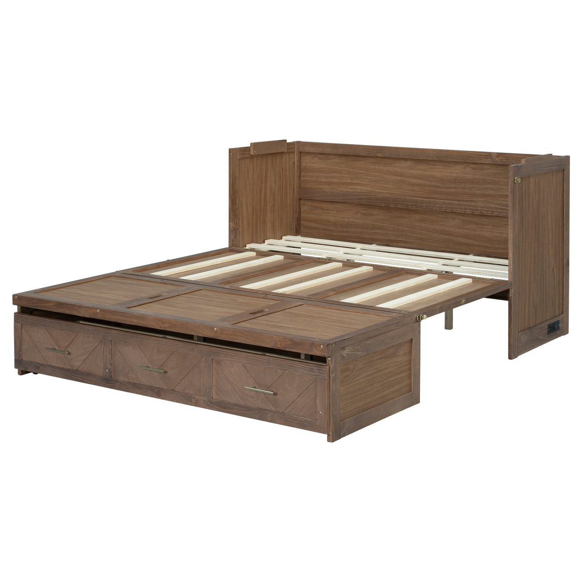 Murphy bed studio in light walnut finish from Anthony & Home, shown in a modern living space with the bed partially open and folded against the wall.
