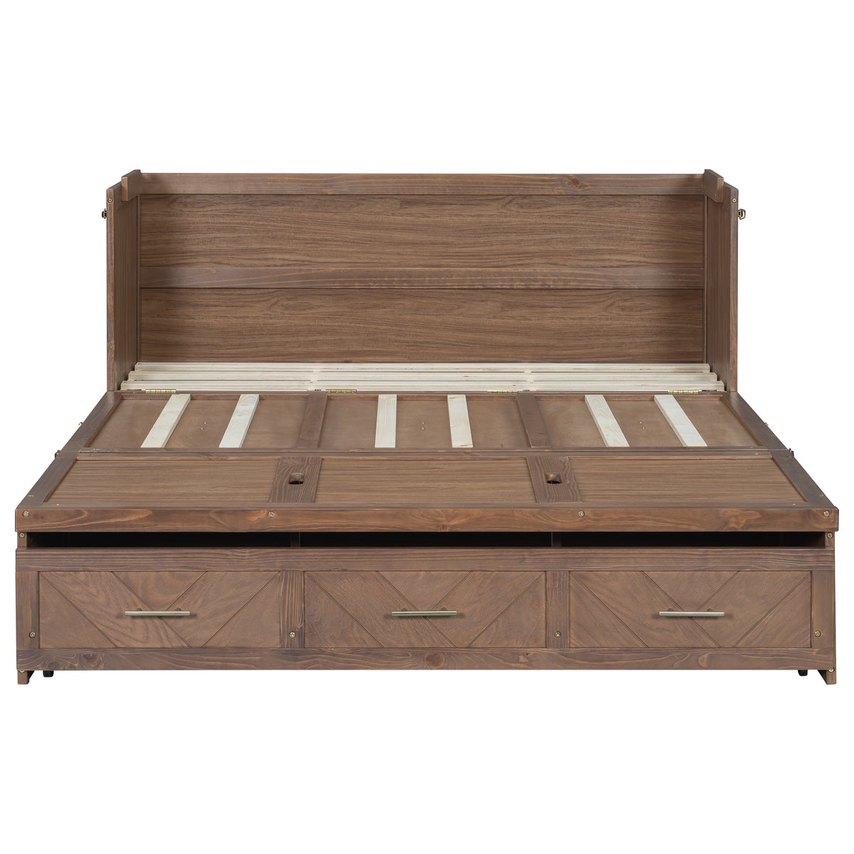 Murphy bed studio in light walnut finish by Anthony & Home, showing the folded bed with sleek wood panels and compact design