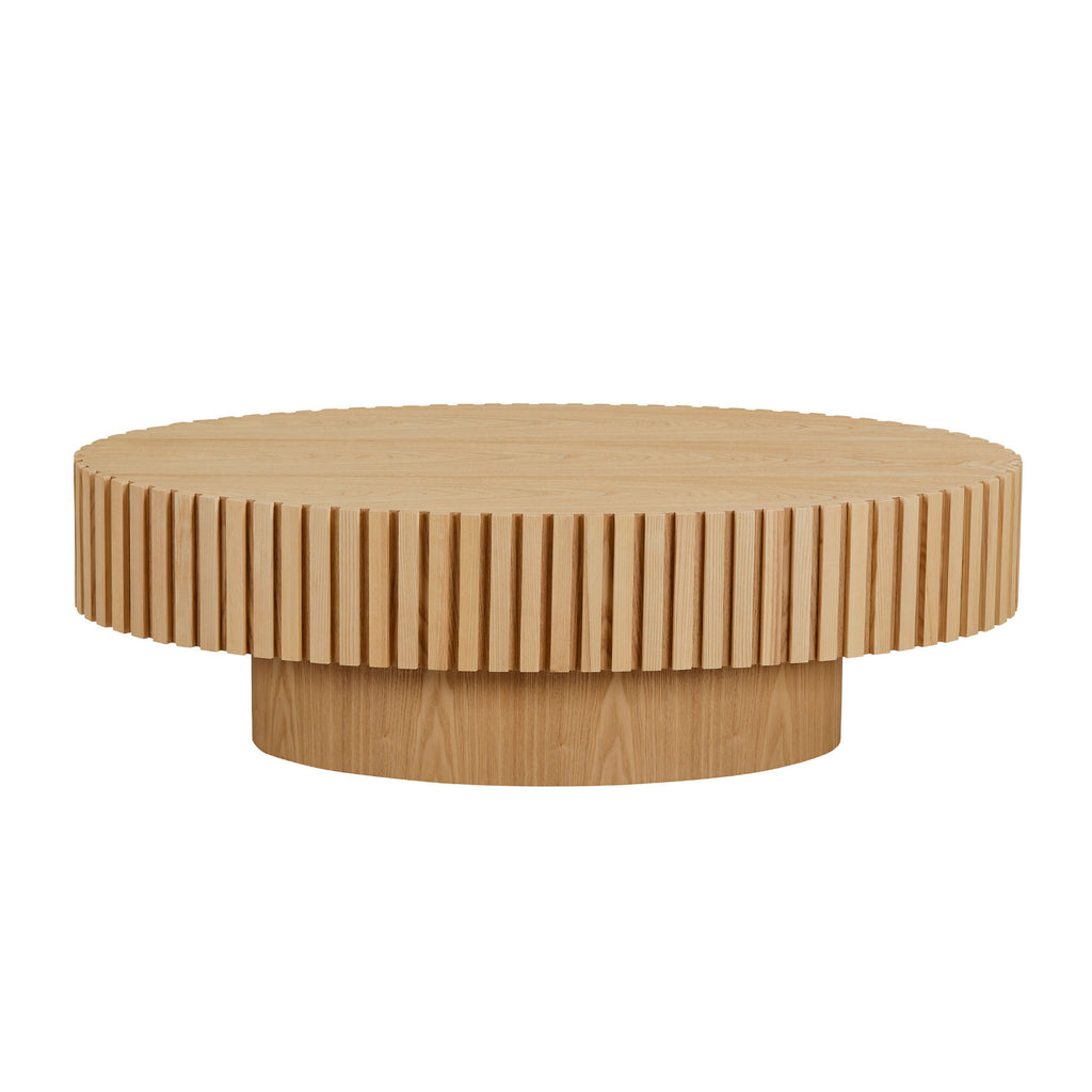 Natural ash drum coffee table with elliptical shape by Anthony & Home, limited edition, showcasing smooth wood grain and modern design.