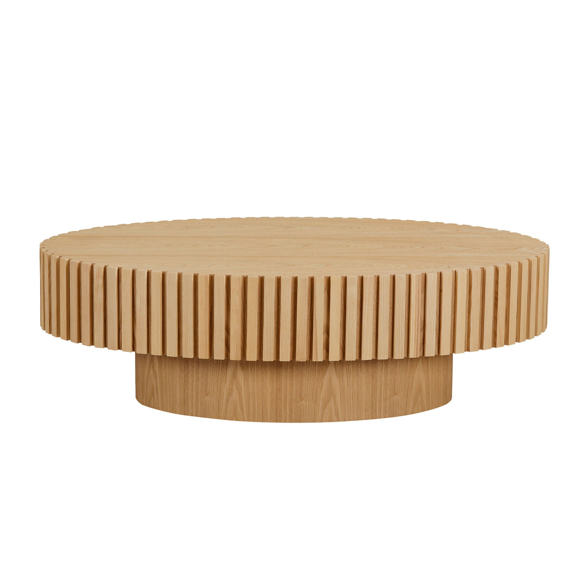 Natural ash drum coffee table with elliptical shape by Anthony & Home, limited edition, showcasing smooth wood grain and modern design.