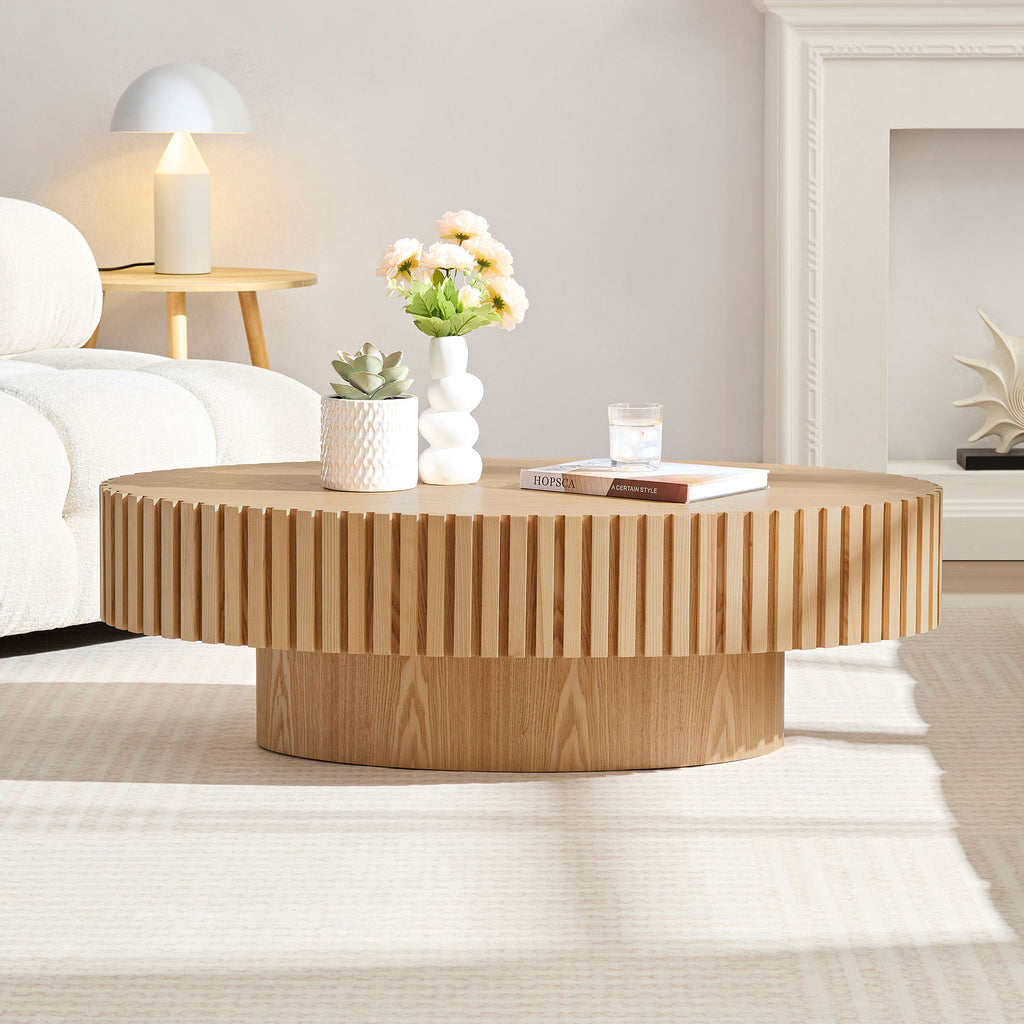 Natural ash drum coffee table by Anthony & Home, elliptical shape with textured wood finish, limited edition furniture piece.