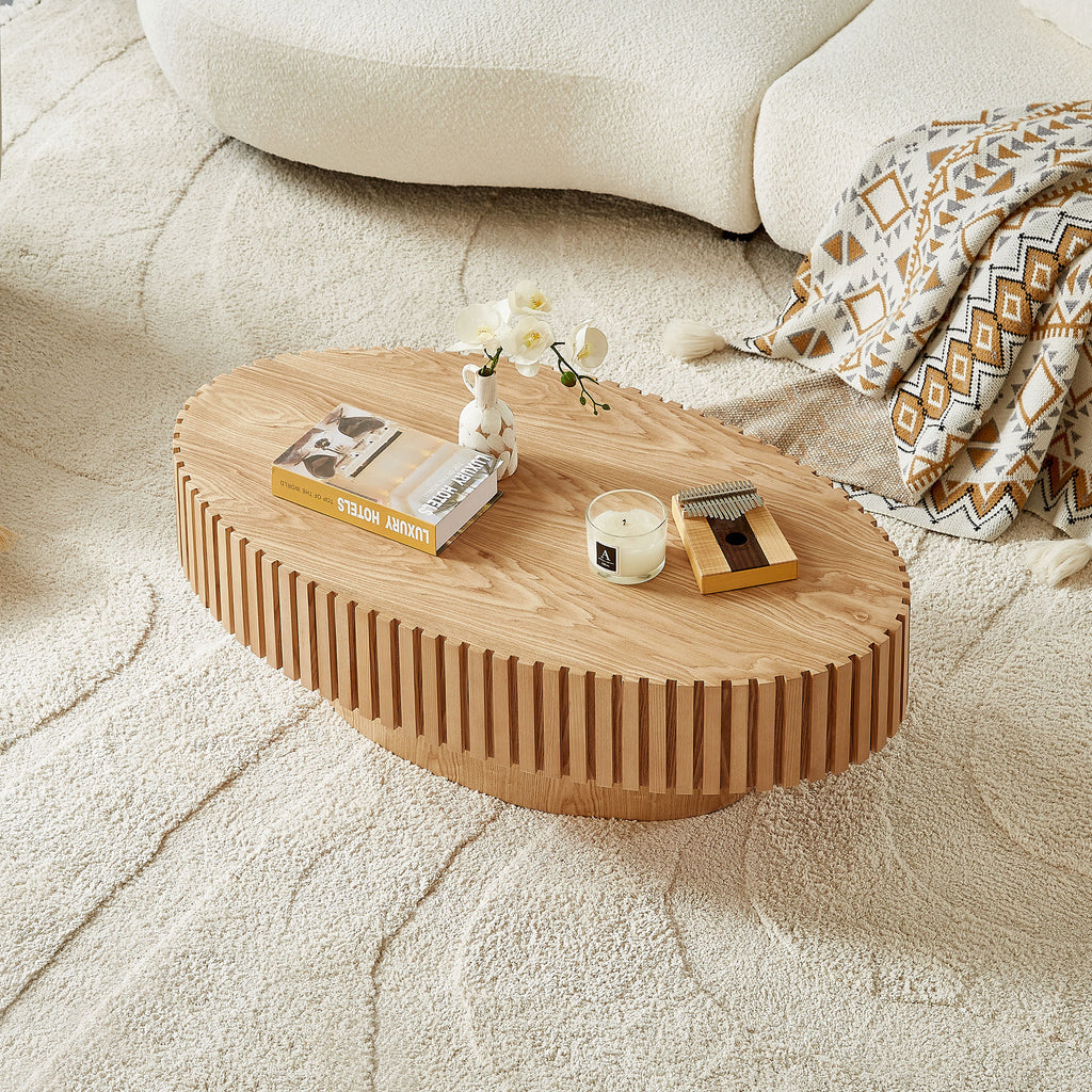 Natural ash drum coffee table with elliptical shape by Anthony & Home, limited edition, showcasing smooth wood grain and modern design.
