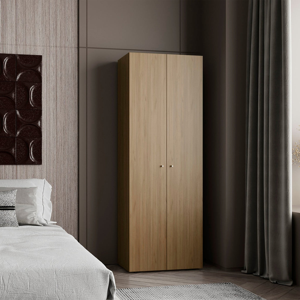 Anthony & Home natural oak freestanding closet system with four shelves, ideal for organized wardrobe storage.