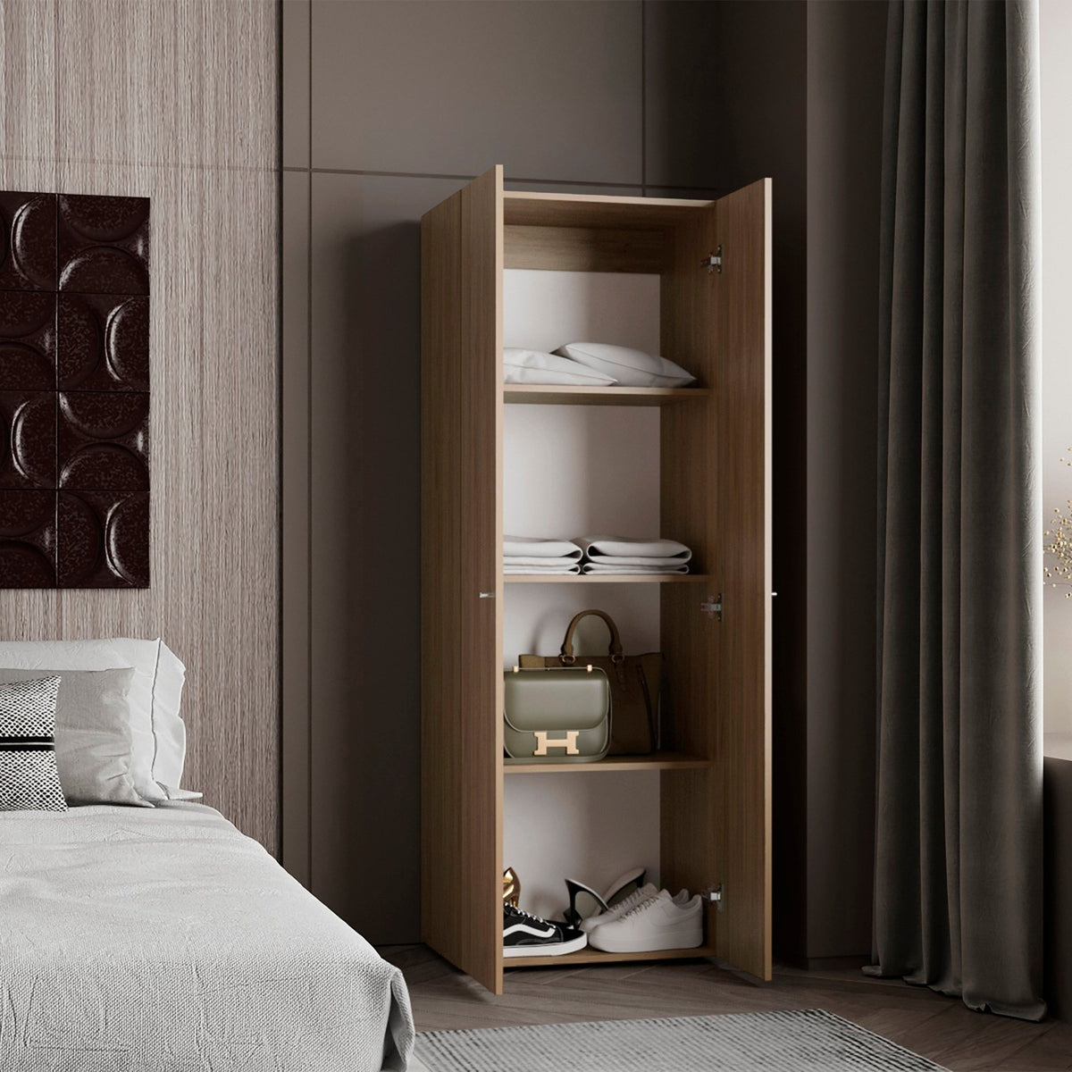 Natural oak freestanding closet system with four shelves from Anthony & Home, featuring a sleek, limited edition wardrobe design.