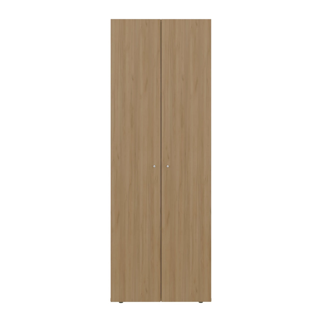 Natural oak freestanding closet system with four shelves from Anthony & Home's limited edition wardrobe collection.