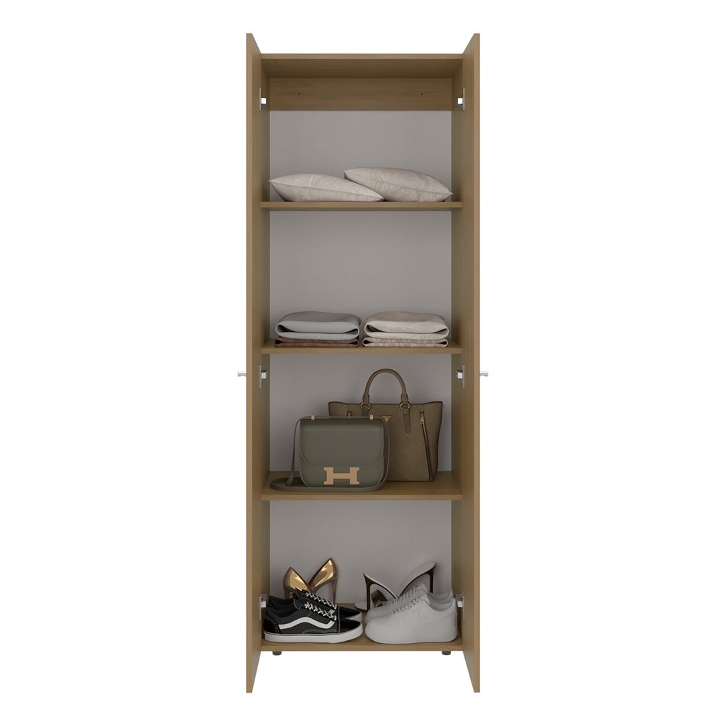 Natural oak freestanding closet system by Anthony & Home with four shelves for wardrobe storage.
