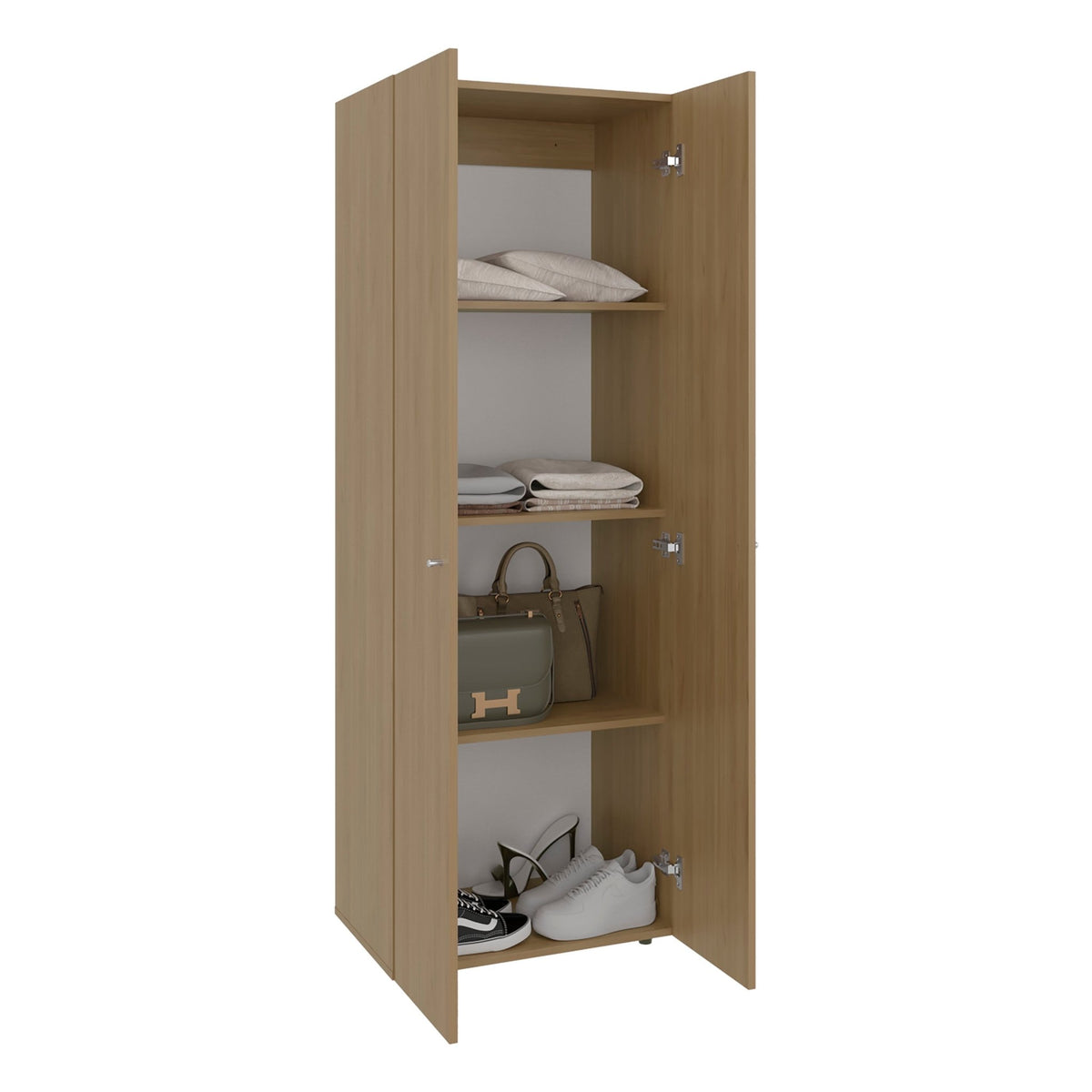 Natural oak freestanding closet system with four shelves from Anthony & Home, showcasing a stylish wardrobe organization solution.