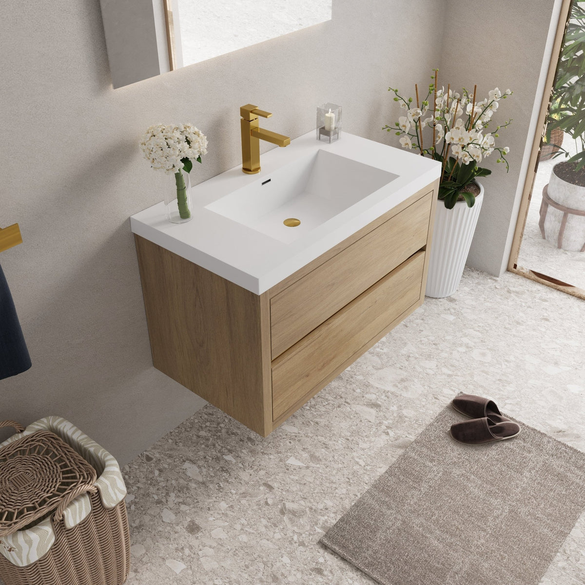 Natural oak wall-mounted vanity with stone resin countertop by Anthony & Home, featuring sleek design and modern bathroom style.