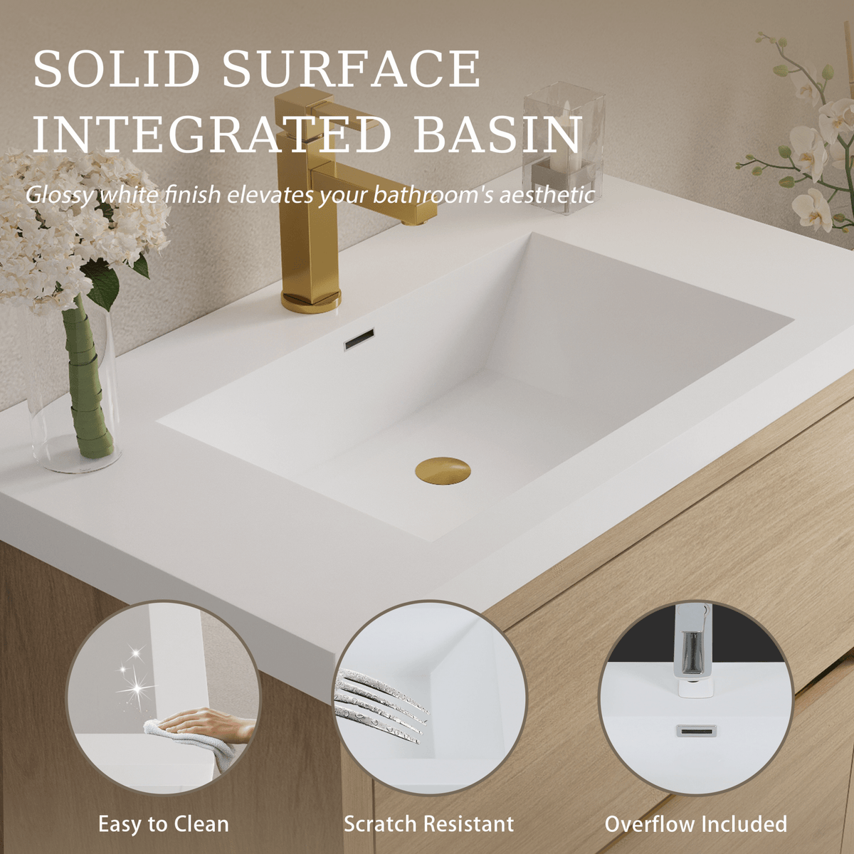 Natural oak wall-mounted vanity with stone resin countertop, showcasing sleek wood finish and modern bathroom storage design.