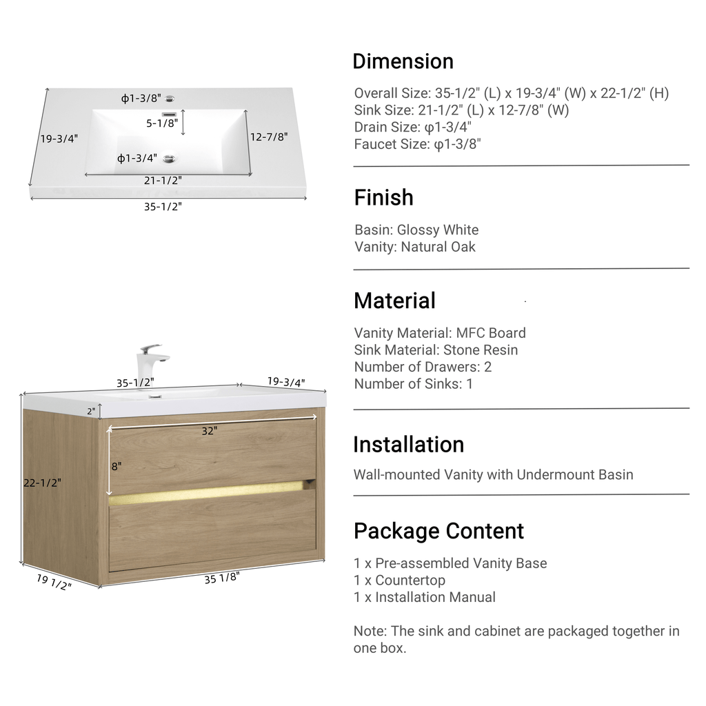 Wall-mounted natural oak vanity with stone resin countertop, by Anthony & Home, showcasing sleek wood finish and modern design.