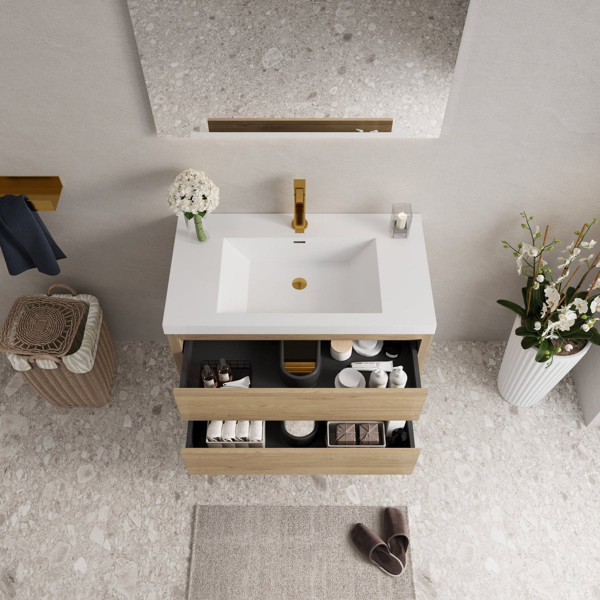 Natural oak wall-mounted vanity with stone resin countertop, sleek modern design, and clean lines, by Anthony & Home.