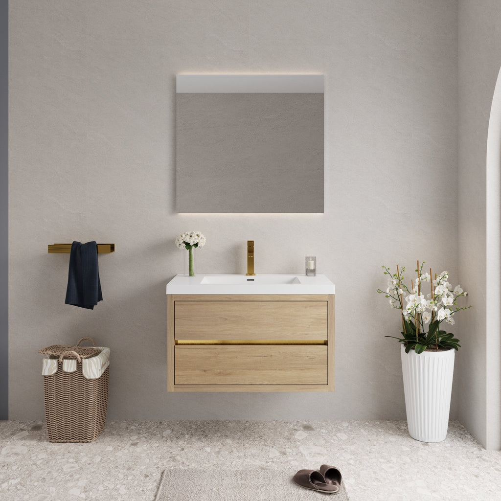 Natural oak wall-mounted vanity with stone resin countertop and modern hardware, showcasing sleek, functional bathroom furniture.