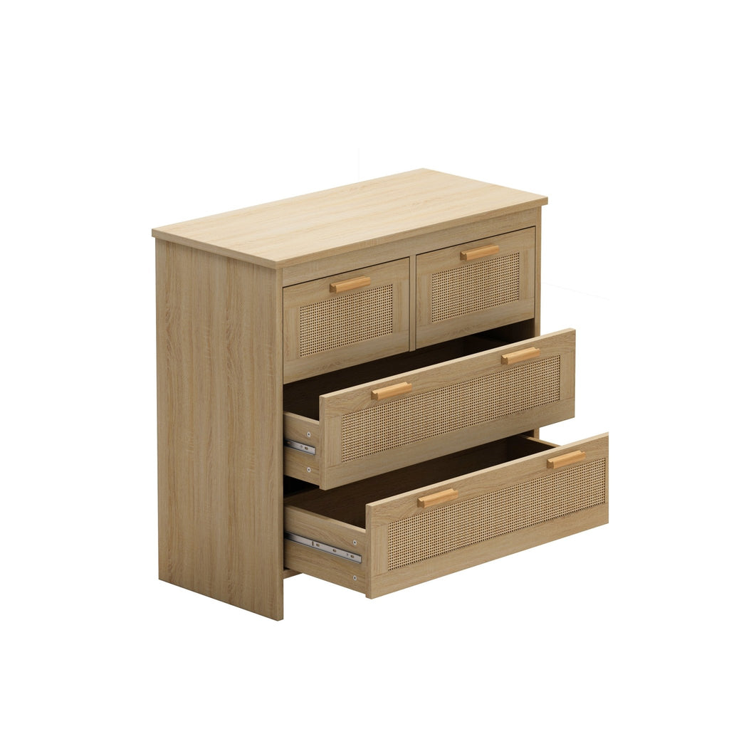 Natural rattan cabinet with four drawers from Anthony & Home's Atelier Collection, showcasing woven rattan detail and wooden frame.
