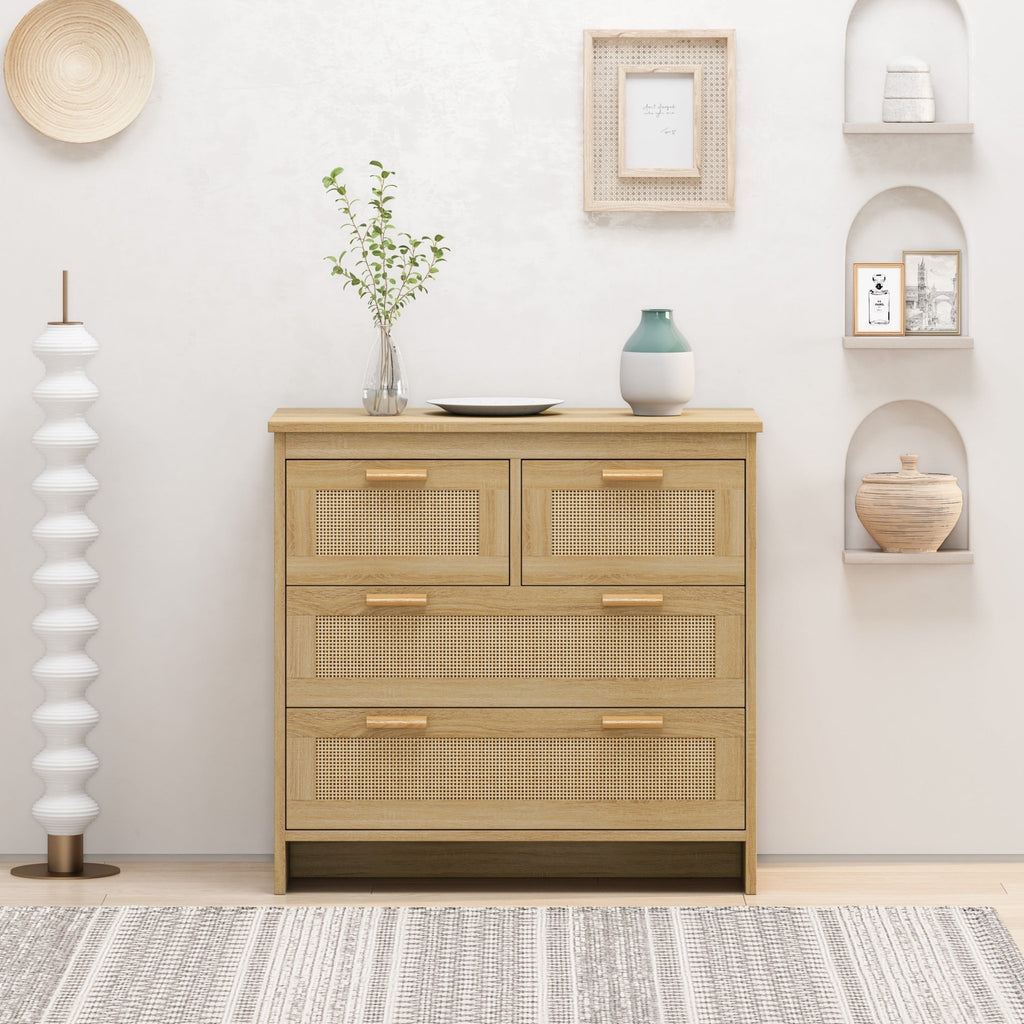 Natural rattan cabinet with four drawers from Anthony & Home's Atelier Collection, showcasing a stylish and functional storage piece.