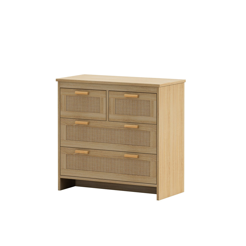 Natural rattan cabinet with four drawers from Anthony & Home's Atelier Collection, showcasing woven rattan details and wooden frame.
