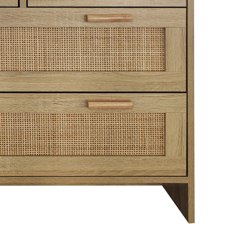 Natural rattan cabinet with four drawers from the Atelier Collection by Anthony & Home, showcasing woven rattan doors and wooden frame.