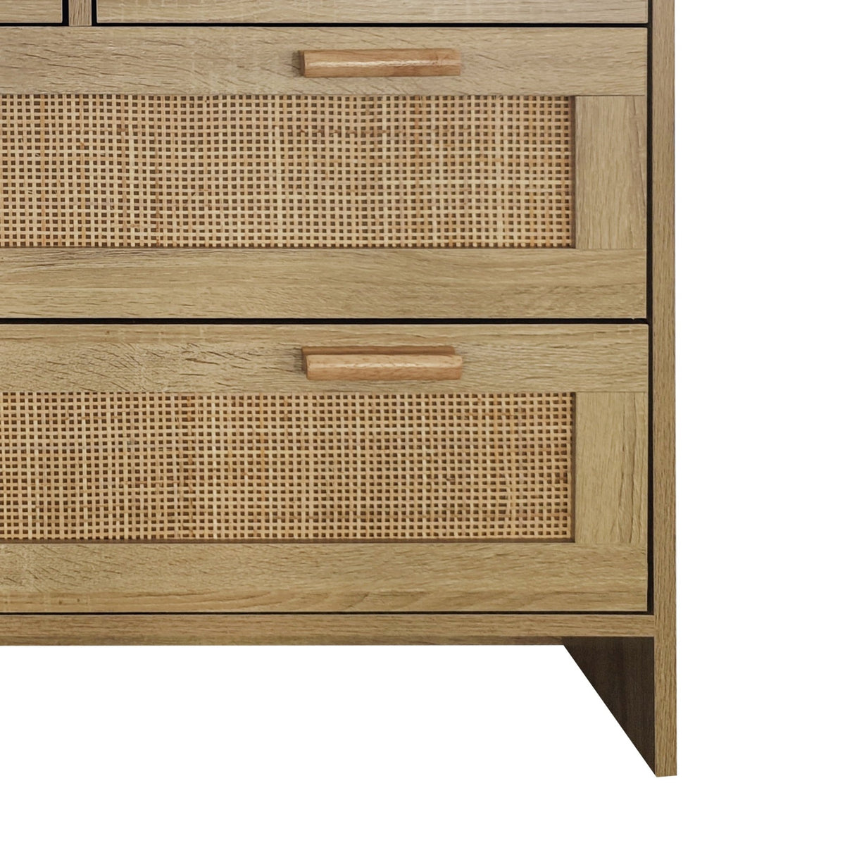 Natural rattan cabinet with four drawers from the Atelier Collection by Anthony & Home, showcasing woven rattan doors and wooden frame.