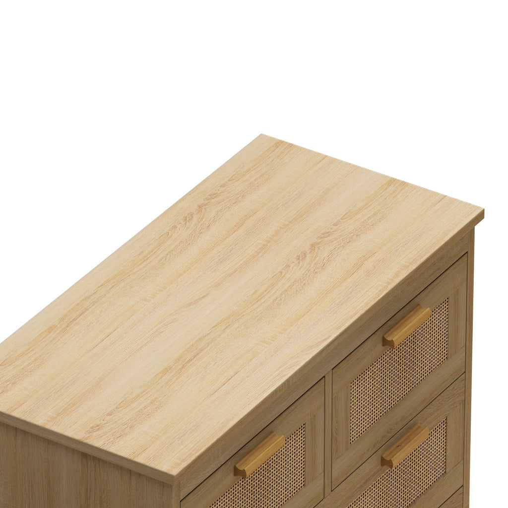 Natural rattan cabinet with four drawers from Anthony & Home's Atelier Collection, showcasing woven rattan panels and wooden frame.