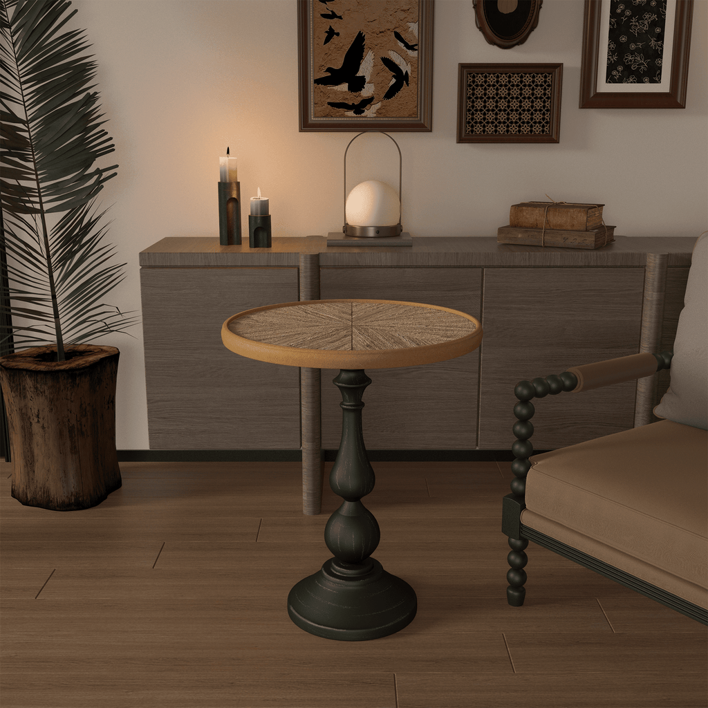 Natural wood tone round end table by Anthony & Home, featuring a sleek wood finish and modern design for living room decor.