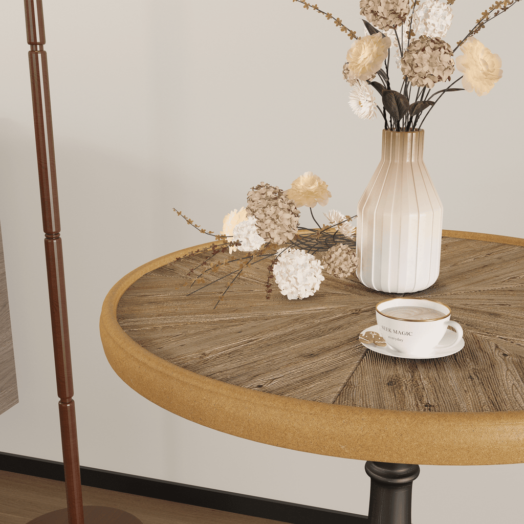 Natural wood tone round end table by Anthony & Home with sleek legs, perfect for modern living room decor.