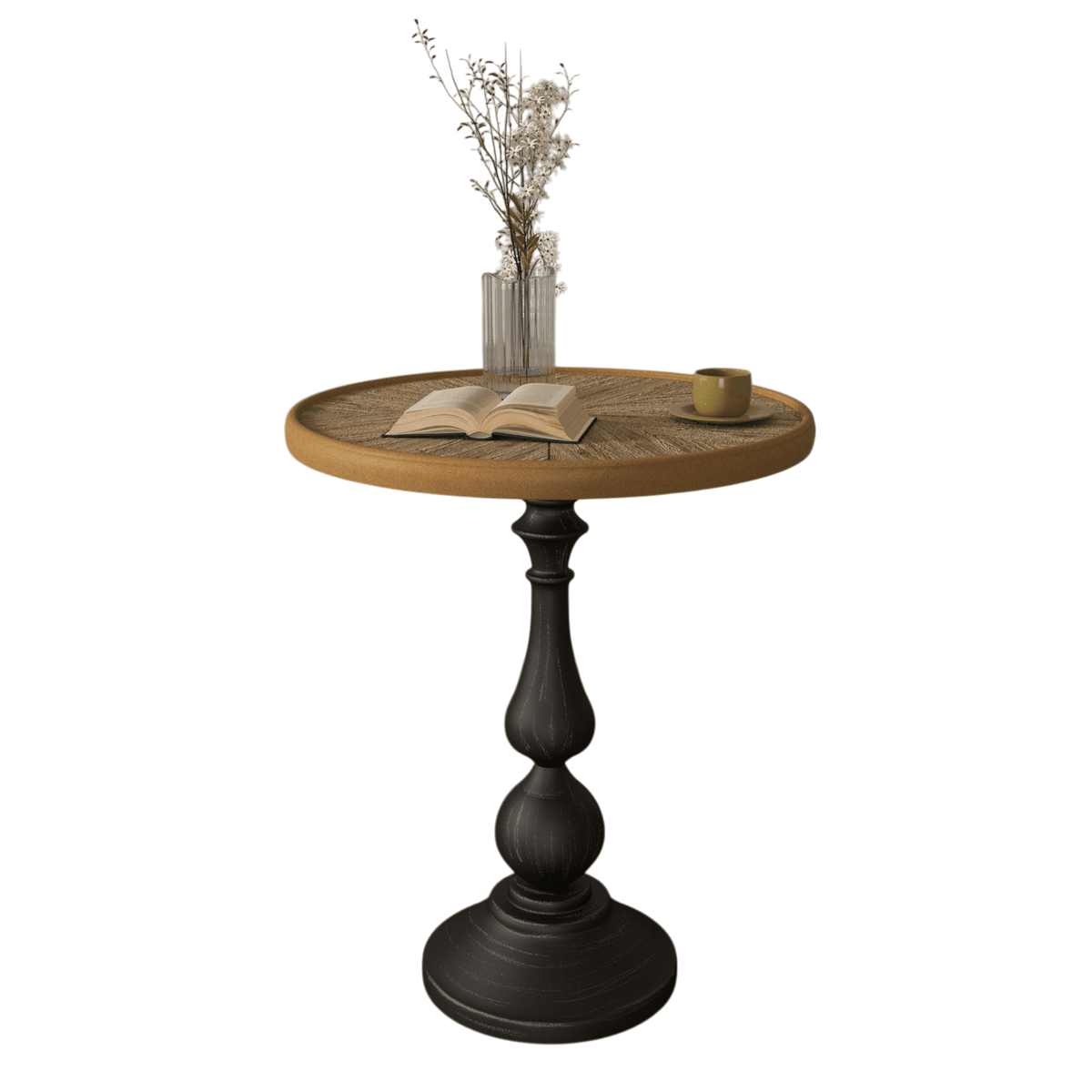 Natural wood tone round end table by Anthony & Home, featuring sleek design and smooth surface for living room decor.