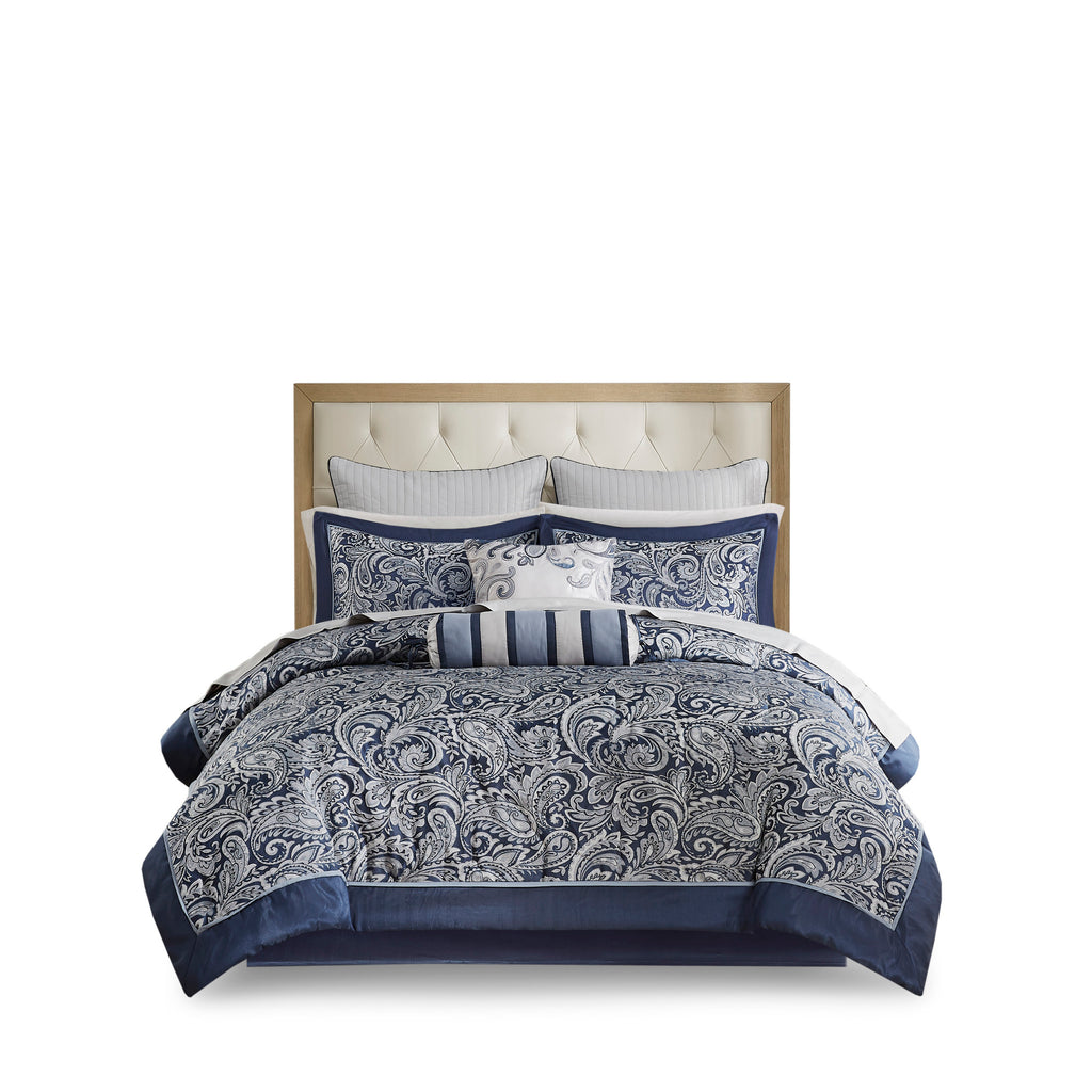 Navy jacquard cotton 12-piece Atelier Comforter Set by Anthony & Home, featuring detailed woven patterns and matching pillow shams.