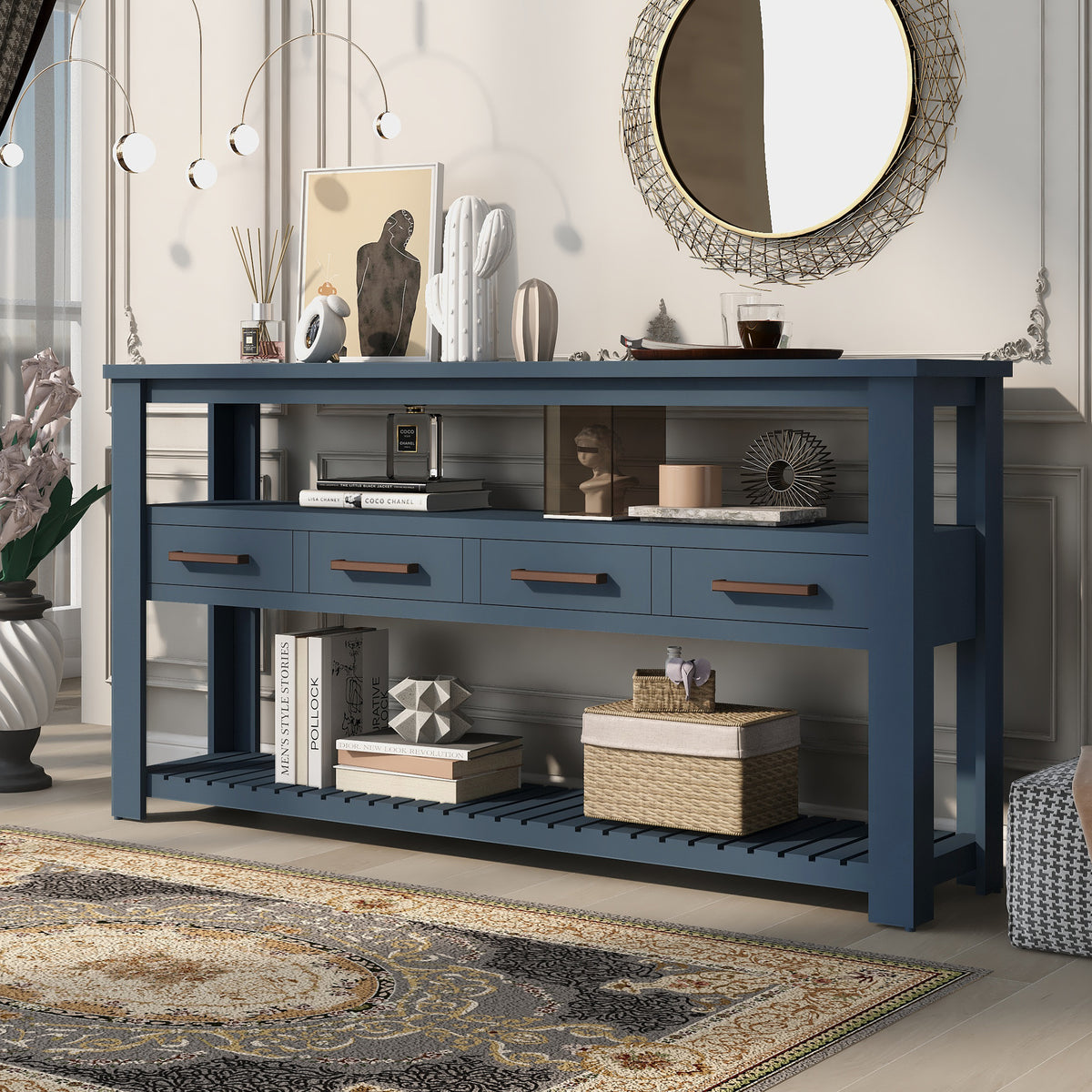 Navy painted MDF entryway console table with four drawers and sleek design, ideal for modern home organization.