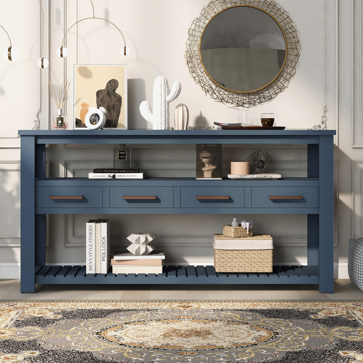 Navy painted MDF entryway console table with four drawers and sleek design, ideal for modern home entry spaces.