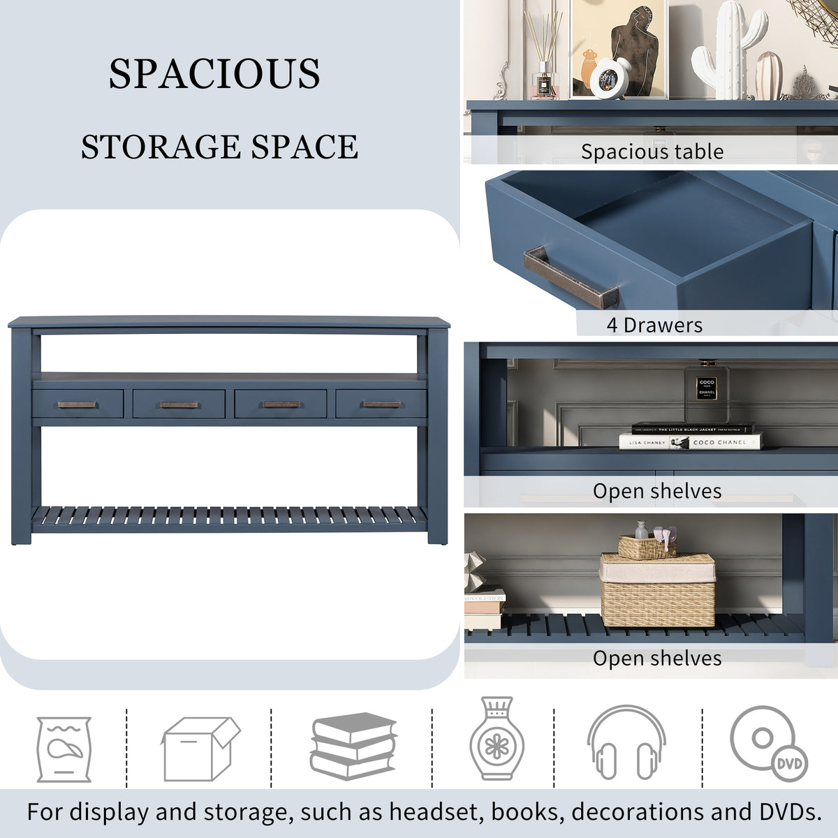 Navy painted MDF entryway console table with four drawers and sleek design, by Anthony & Home.