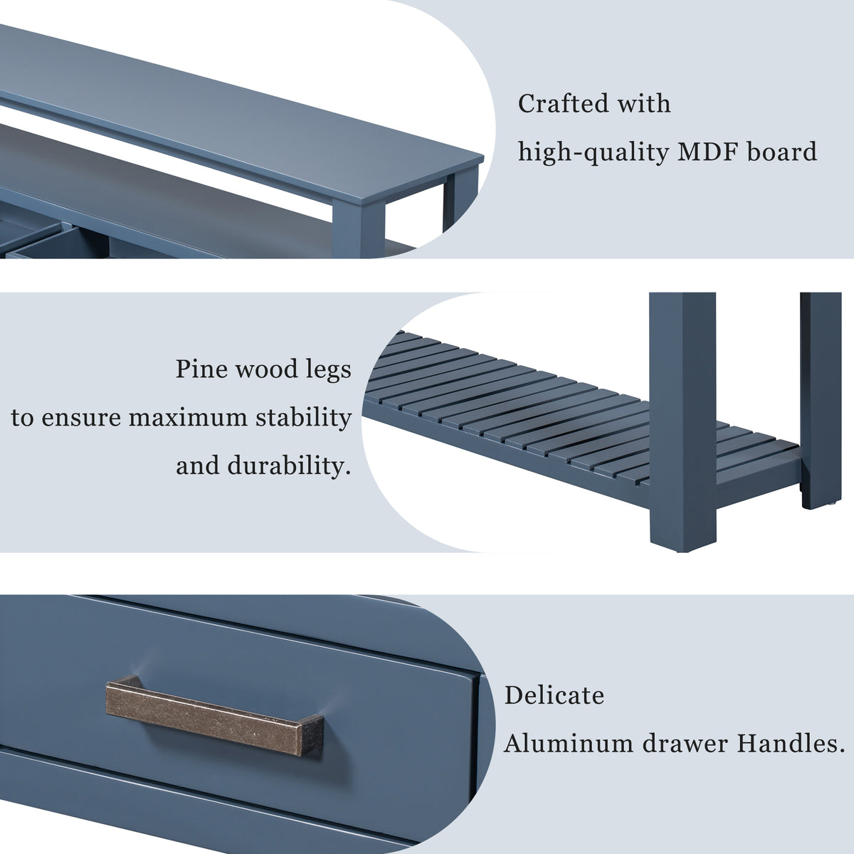Navy painted MDF entryway console table with four drawers, sleek Anthony & Home furniture for modern home decor.