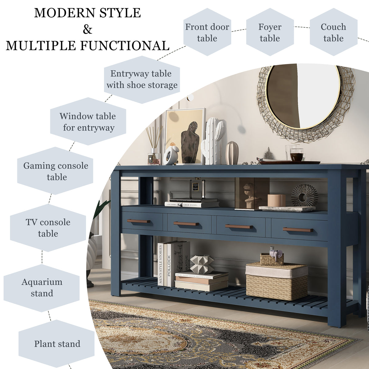 Navy painted MDF entryway console table with four drawers and sleek design, perfect for modern home decor by Anthony & Home