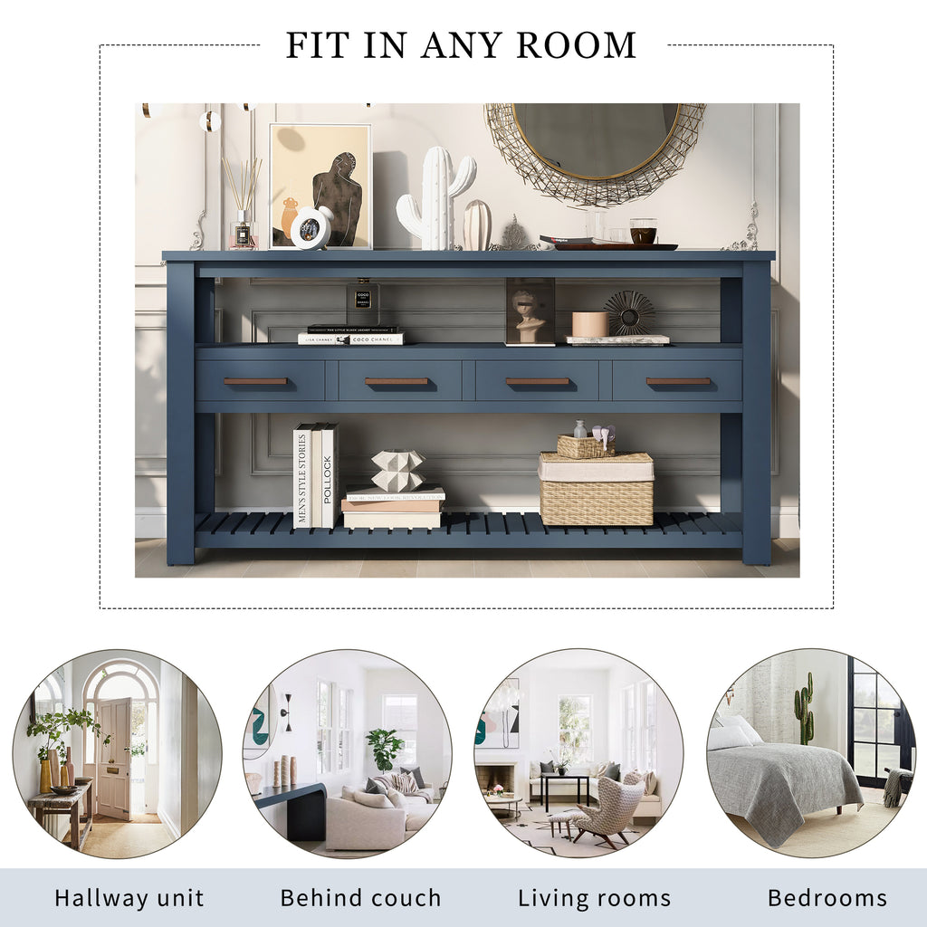 Navy painted MDF entryway console table with four drawers, sleek Anthony & Home design for stylish storage and organization.