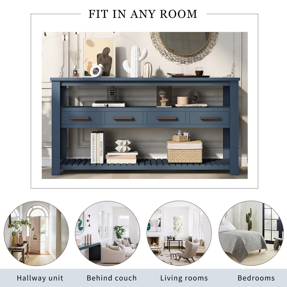 Navy painted MDF entryway console table with four drawers, sleek Anthony & Home design for stylish storage and organization.